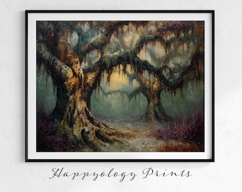 Paisaje de bosque de robles vivos imprimible: arte gótico de pantano de Nueva Orleans, árboles de musgo español, pintura con textura oscura, descarga digital brumosa