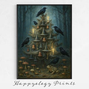 May include: A framed print featuring a whimsical, dark fantasy scene. A tree adorned with witch hats, keys, and bells is surrounded by mushrooms and ravens. A frog sits at the base. The background is a misty forest. The text "Happyology Prints" is at the bottom.