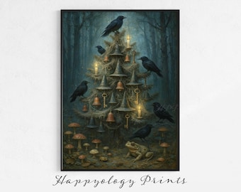 Vintage Witch Yule Crow Tree Painting, Christmas Wall Art, Witchy Home Decor Winter Solstice Poster, Digital Download, Instant Gift