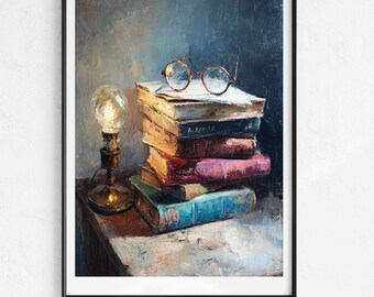 Stampa artistica di una natura morta con libri vintage, dipinto di una lampada accogliente, decorazione rustica per la parete di una biblioteca, opera d'arte letteraria calda, download digitale stampabile.