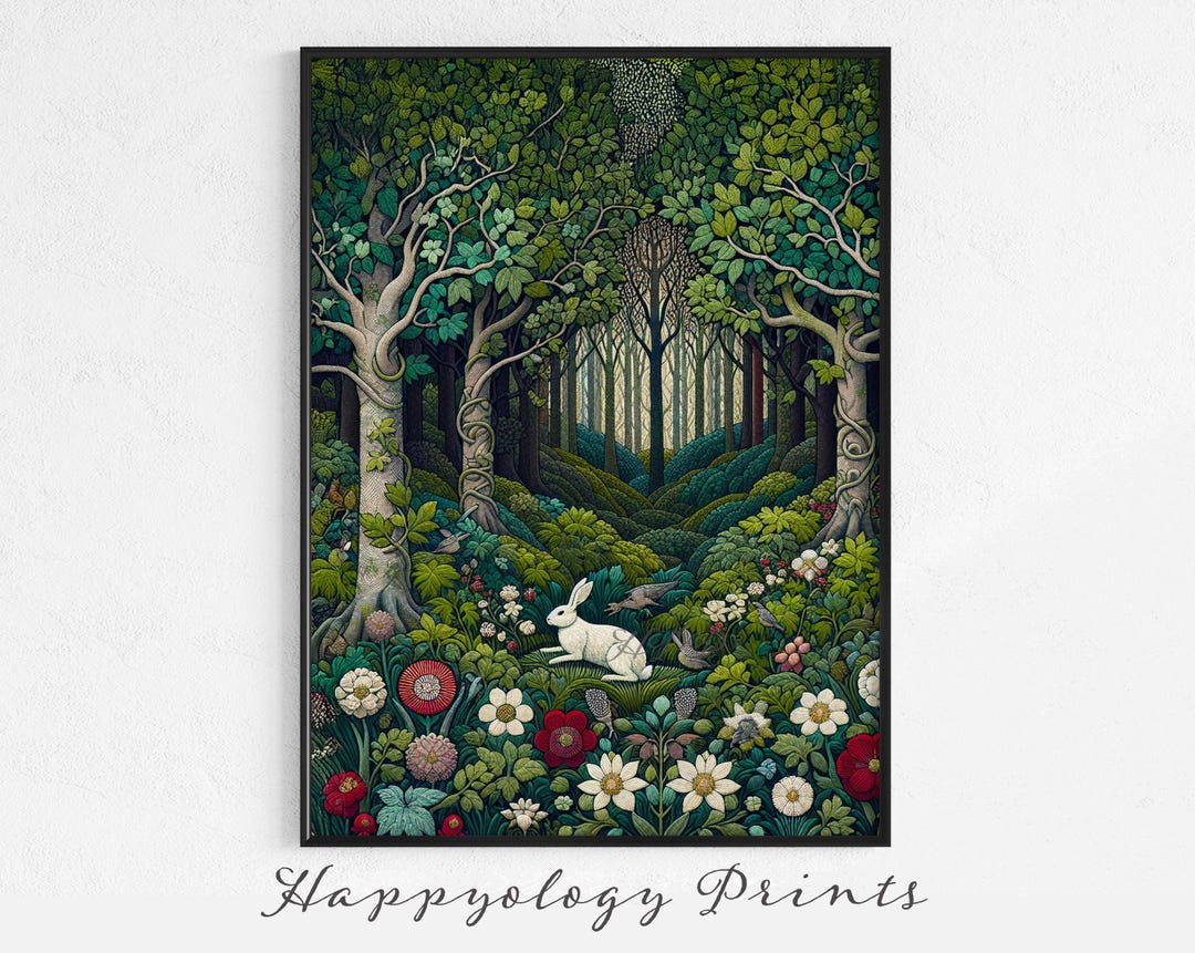 Embroidered Storybook White Rabbit Print - Cottagecore Forest Scene ...
