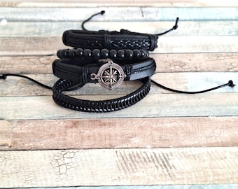 Ensemble de bracelets en cuir punk rétro pour homme : boussole, perles, tissé