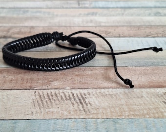 Bracelet homme en cuir tressé noir : bracelet tissé réglable