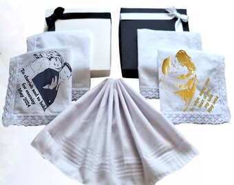 Mouchoir de mariage personnalisé : photo et texte, bordure en dentelle, coffret cadeau