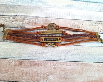 Bracelet marron Arbre de vie : infini, charme Believe, cuir PU