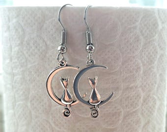 Boucles d'oreilles chat lune en argent : bijoux fantaisie faits main