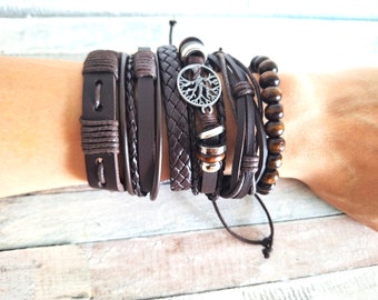 Ensemble de bracelets en cuir pour hommes : jonc punk rétro arbre de vie