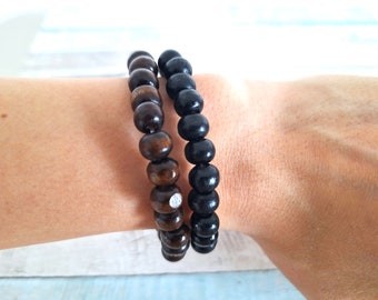 Bracelet de perles pour homme : bois noir et marron, taille unique