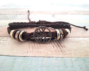 Bracelet en cuir Arbre de vie pour homme : ensemble de joncs punk rétro