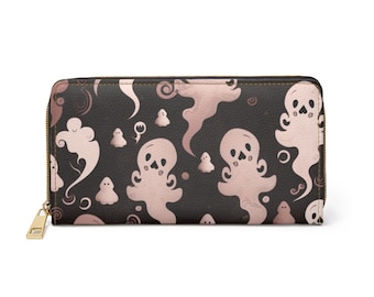 GothiCally Anxious Ghosts Blushing Pink Black Background Zipper Wallet