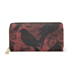 Carteira GothiCally Ravens em Fundo Ornamentado Vermelho Escuro com Zíper