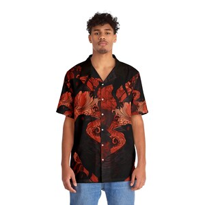 May include: A black button-up shirt with a short sleeve design. The shirt features a repeating pattern of stylized black ravens and red floral designs.