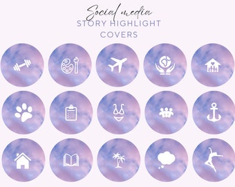 May include: Set of 15 social media story highlight covers with a purple and blue watercolour background. Each cover features a white icon, such as a dumbbell, paintbrush, aeroplane, globe, house, paw print, clipboard, swimsuit, anchor, book, palm trees, thought bubble, and a dancer.