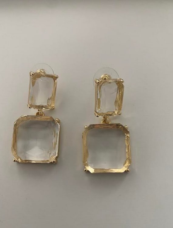 Large cube clear gold earrings