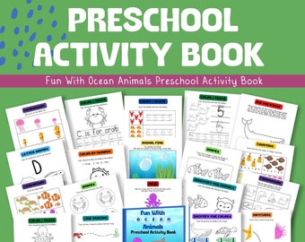 Fun With Ocean Animals Preschool Activity Book, instant download, 100 pages, learning printables for 3-4 year olds, ocean toddler party