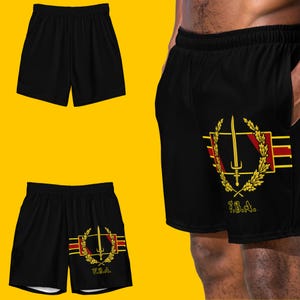 Pantalones cortos de malla FBA / Ropa de calle de lujo, pantalones cortos deportivos con bandera negra patrimonial / Pantalones cortos de gimnasio FBA