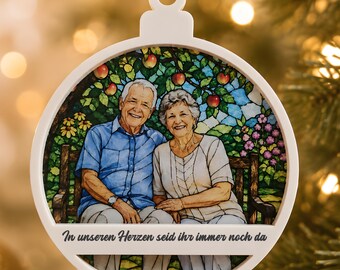 Personalized photo Christmas tree ornaments - Grandparents Grandma Grandpa keepsake tree decorations family - laser-cut acrylic printed with photo in Tiffany glass style