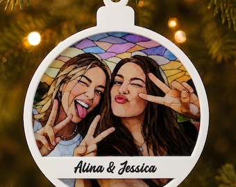 Personalized Best Friend Christmas Ornament - Besties Sisters Tree Decoration with Photo and Custom Text - Printed Christmas Tree Decoration with Name