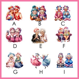 May include: A collection of nine distinct illustrations labeled A through I, each depicting a pair of elderly women in various activities including beach outings, drinking tea, eating popcorn, taking selfies, drinking wine, reading, and dancing.
