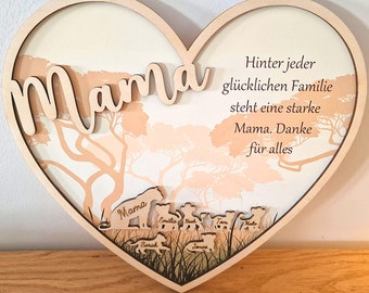 Herz aus Holz zum Muttertag - Löwenmama - Personalisiert mit kleinen Kinder Löwen - Geschenk zum Muttertag - Geburtstag - Muttertagsgeschenk