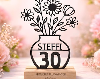 Personalized 30th Birthday Gift - Flower Vase Line Art 3D Stand Personalized Name Age Birthday Gift Women Decoration
