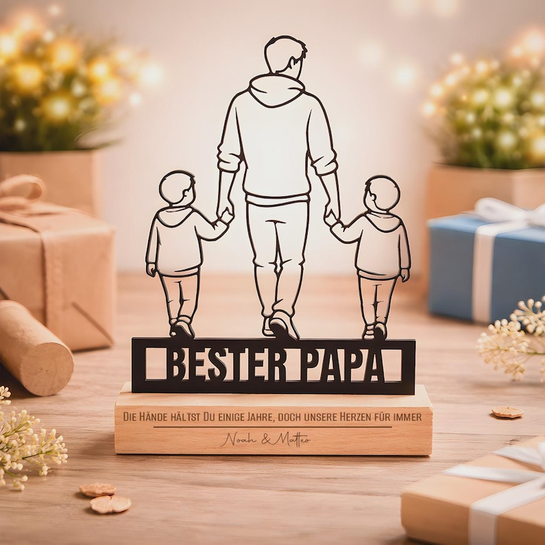 May include: A black metal silhouette of an adult holding the hands of two children, mounted on a rectangular wooden base. The metal cutout features the text "BESTER PAPA" and the wooden base is engraved with "DIE H&Auml;NDE H&Auml;LTST DU EINIGE JAHRE, DOCH UNSERE HERZEN F&Uuml;R IMMER" and "Noah & Matteo".