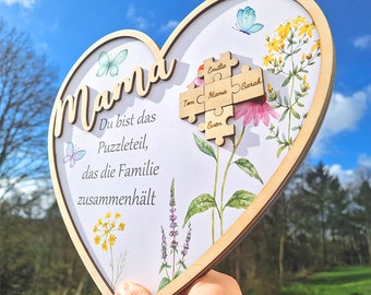 Herz aus Holz zum Muttertag - Puzzle Teile - Personalisiert mit Namen der Familie - Geschenk zum Muttertag - Geburtstag - Muttertagsgeschenk