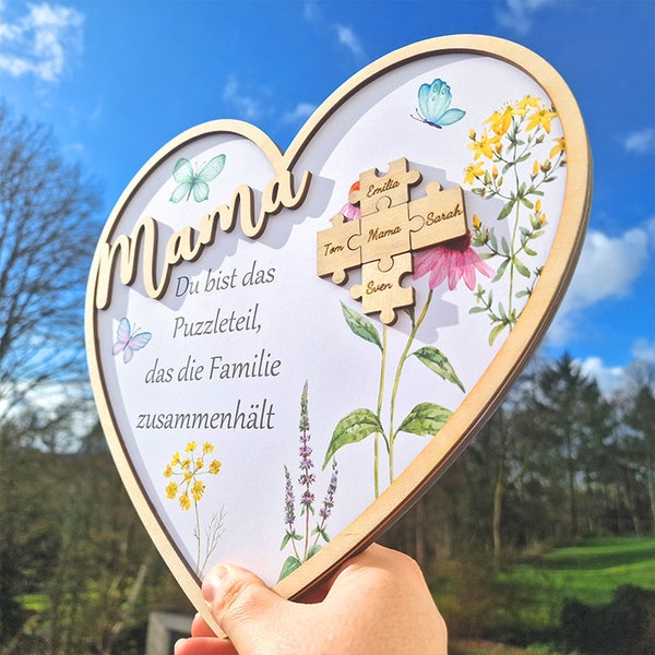 Herz aus Holz zum Muttertag - Puzzle Teile - Personalisiert mit Namen der Familie - Geschenk zum Muttertag - Geburtstag - Muttertagsgeschenk