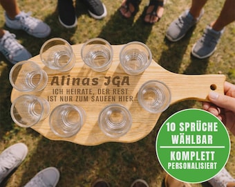 JGA Shotgläser mit Brettchen - Personalisiert mit Spruch - JGA Geschenk Idee - JGA Spiele Männer & Frauen - Erinnerung Accessoires Trinken