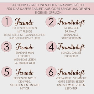 May include: A light gray informational graphic featuring six numbered options for custom engraving on a coffee tray. Each option includes a unique German phrase written in a combination of brown script and sans-serif fonts, organized in two columns.