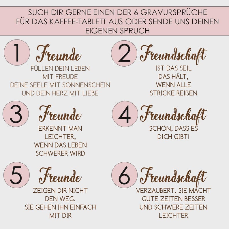 May include: A light gray informational graphic featuring six numbered options for custom engraving on a coffee tray. Each option includes a unique German phrase written in a combination of brown script and sans-serif fonts, organized in two columns.