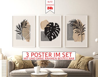 Vintage Poster 3er Set - Pflanzen Blätter Boho minimalistisch Kunstdruck Wandbild Dekoration Wohnzimmer Deko Art Deco gedruckt gerahmt