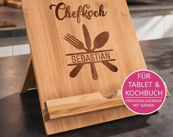 Dockingstation personalisiert aus Holz - Tablethalter Holz - Kochbuch Ständer - Geschenk für Hobbykoch mit Namen - Tablet Standfuß graviert