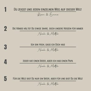 May include: A beige graphic print featuring five numbered German phrases about fatherhood, each followed by names like Liam & Emma or Noah & Matteo in a cursive script. The text includes lines such as 'Du zeigst uns jeden einzelnen Weg auf dieser Welt'.