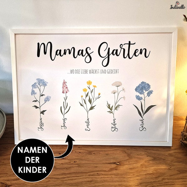 Muttertag Geschenk Mamas Garten - Personalisiert mit Namen - Poster mit Namen Muttertagsgeschenk - Geschenk Muttertag persönlich - Blumen