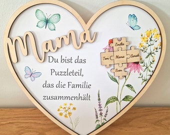 Herz aus Holz zum Muttertag - Puzzle Teile - Personalisiert mit Namen der Familie - Geschenk zum Muttertag - Geburtstag - Muttertagsgeschenk