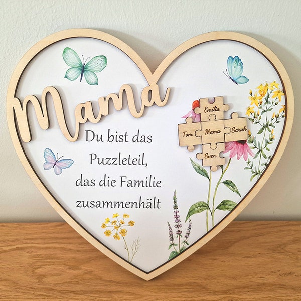 Herz aus Holz zum Muttertag - Puzzle Teile - Personalisiert mit Namen der Familie - Geschenk zum Muttertag - Geburtstag - Muttertagsgeschenk