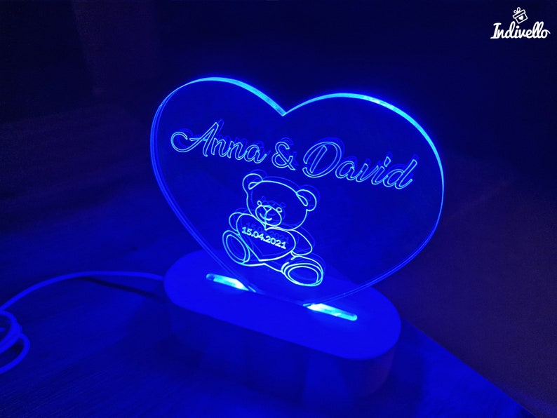 Valentinstaggeschenk für Ihn Sie LED Lampe Herz Gravur Teddybär Freundin Freund Valentinstag Geschenk Paare Personalisiertes Geschenk Bild 4