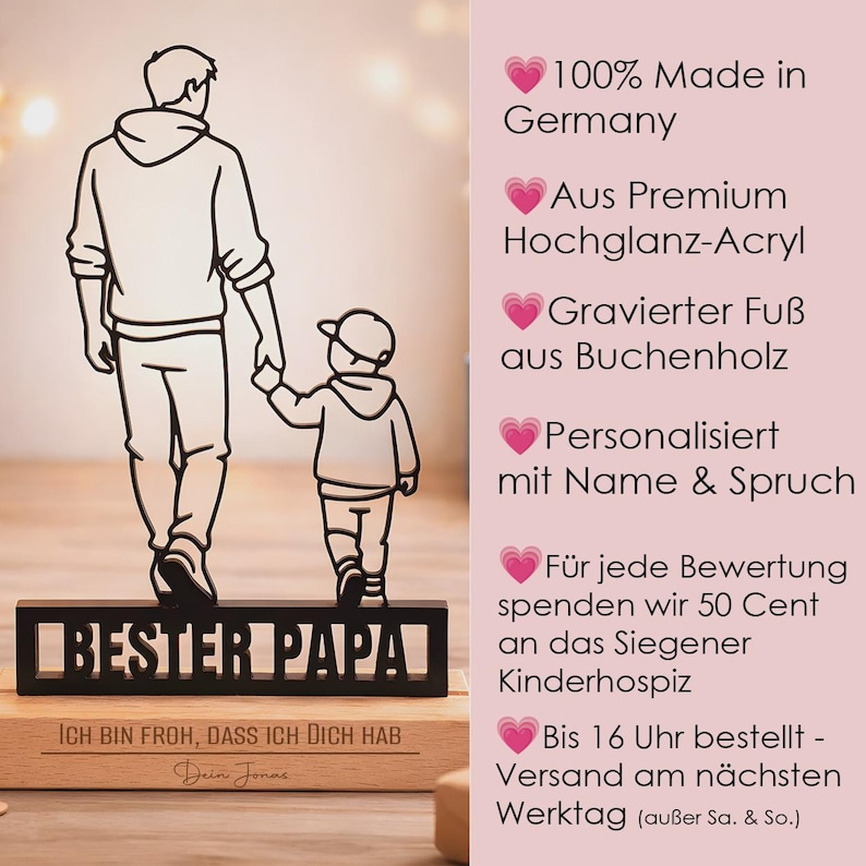 May include: A black acrylic silhouette of an adult and a child holding hands, mounted on a wooden base. The base features the engraved text "BESTER PAPA" and "ICH BIN FROH, DASS ICH DICH HAB" with the name "Dein Jonas" below the phrase.