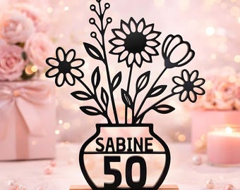 Personalisiertes Geschenk zum 50. Geburtstag - Blumen Vase Line Art 3D Aufsteller Personalisiert Name Alter Geburtstagsgeschenk Frauen Deko