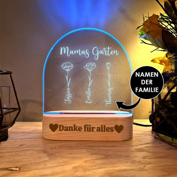 Muttertag Geschenk Mamas Garten LED Lampe - Personalisiert mit Namen - Mit Namen Muttertagsgeschenk - Geschenk Muttertag persönlich - Blumen