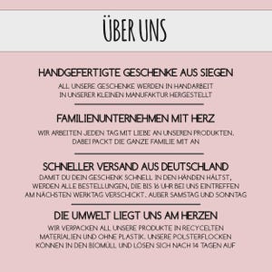 May include: A light pink informational graphic with black text titled "&Uuml;BER UNS". It details business practices including handmade production in Siegen, family-run operations, shipping procedures from Germany, and the use of plastic-free, recycled packaging materials.