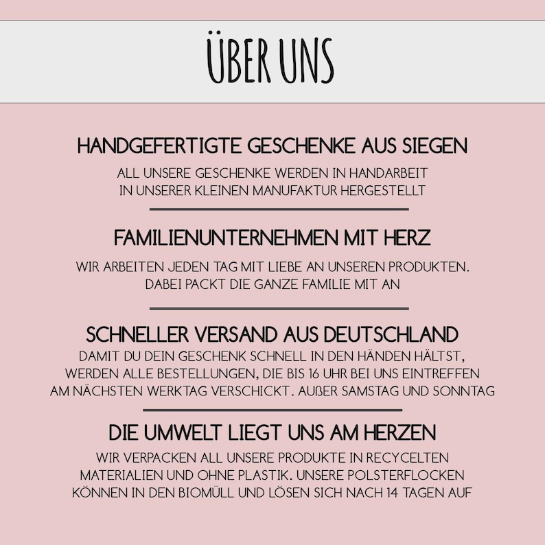 May include: A light pink informational graphic with black text titled "&Uuml;BER UNS". It details business practices including handmade production in Siegen, family-run operations, shipping procedures from Germany, and the use of plastic-free, recycled packaging materials.