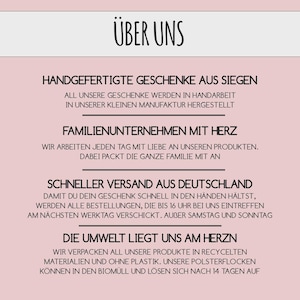 May include: A light pink informational graphic with black text titled "&Uuml;BER UNS". It details business practices including handmade production in Siegen, family operation, shipping procedures from Germany, and the use of plastic-free, recycled packaging materials.