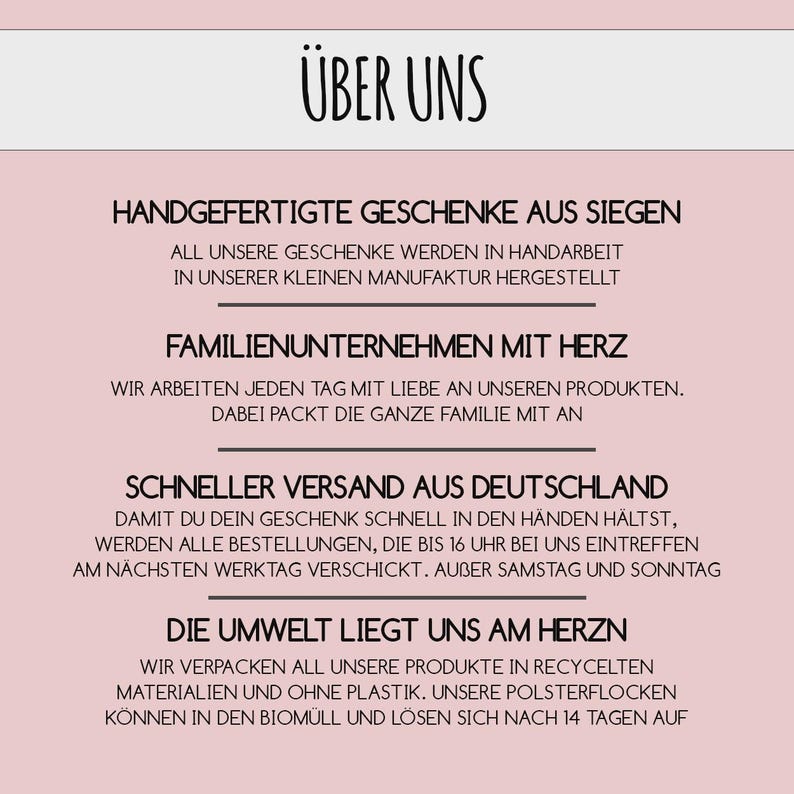 May include: A light pink informational graphic with black text titled "&Uuml;BER UNS". It details business practices including handmade production in Siegen, family operation, shipping procedures from Germany, and the use of plastic-free, recycled packaging materials.