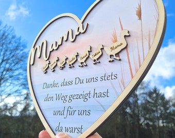 Herz aus Holz zum Muttertag - Entenmama - Personalisiert mit kleinen Enten Kinder - Geschenk zum Muttertag - Geburtstag - Muttertagsgeschenk