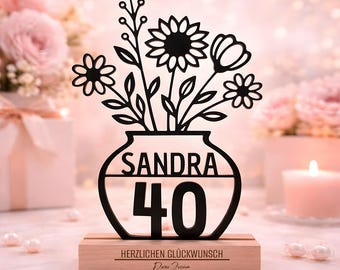 Personalisiertes Geschenk zum 40. Geburtstag - Blumen Vase Line Art 3D Aufsteller Personalisiert Name Alter Geburtstagsgeschenk Frauen Deko