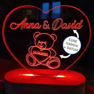 Valentinstaggeschenk für Ihn Sie LED Lampe Herz Gravur Teddybär Freundin Freund Valentinstag Geschenk Paare Personalisiertes Geschenk Bild 1