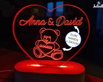 Valentinstaggeschenk für Ihn Sie LED Lampe Herz Gravur - Teddybär Freundin Freund Valentinstag Geschenk Paare Personalisiertes Geschenk