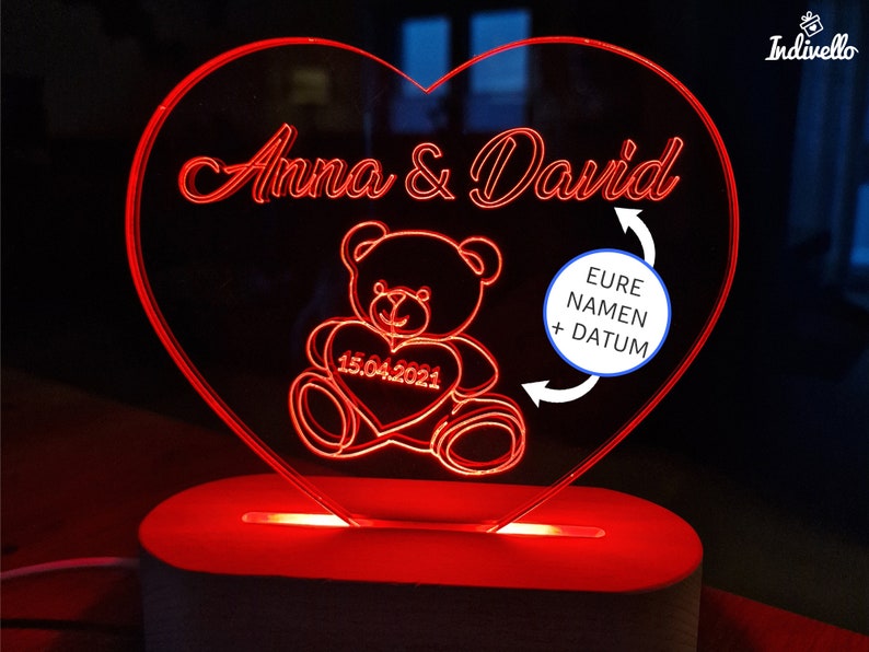 Valentinstaggeschenk für Ihn Sie LED Lampe Herz Gravur Teddybär Freundin Freund Valentinstag Geschenk Paare Personalisiertes Geschenk Bild 1